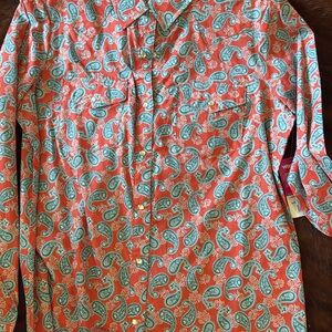 Wrangler Coral Paisley Button-Down Shirt with Teal Accents